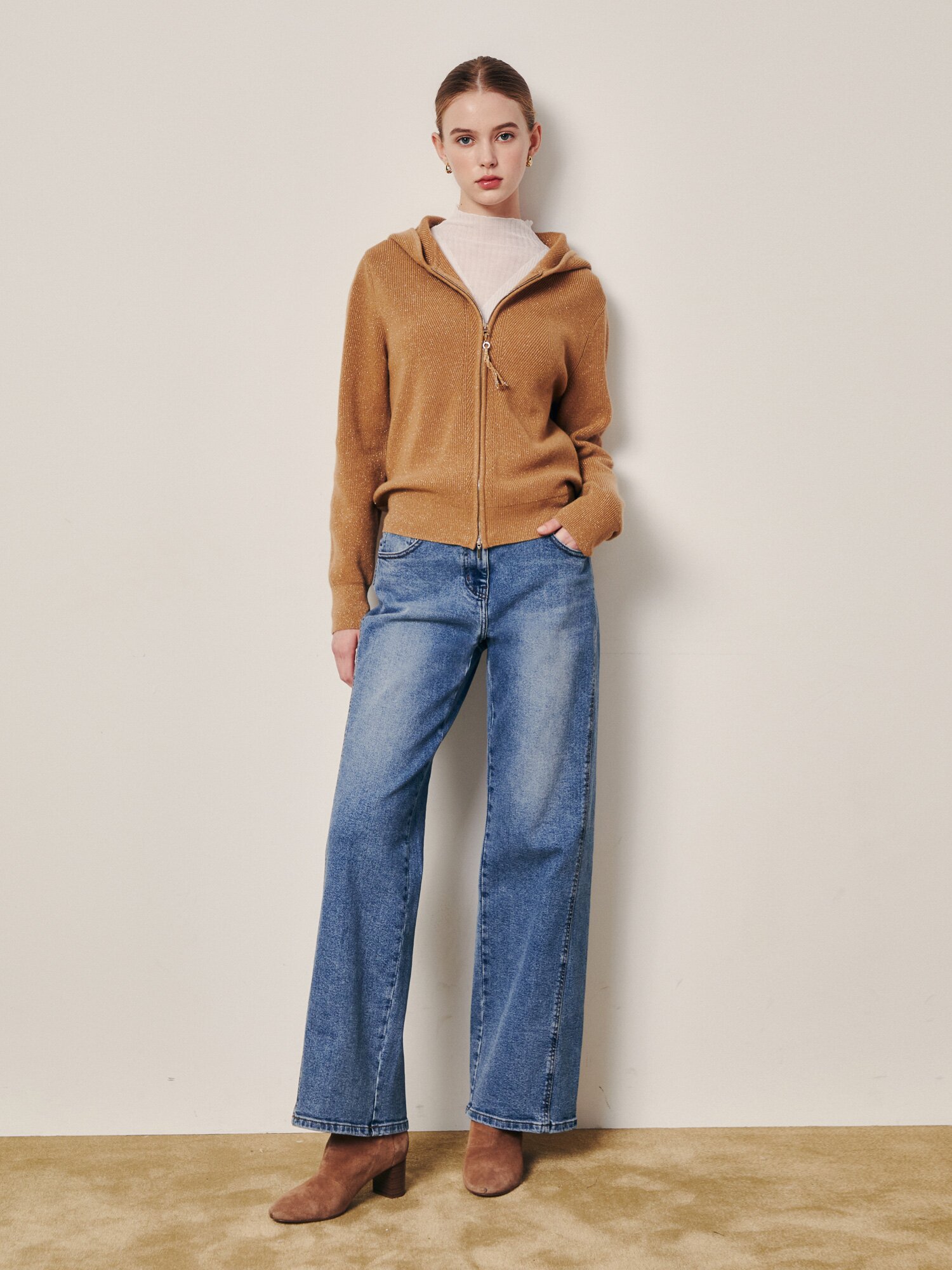 글리터 니트 후드 집업 가디건 (CAMEL)