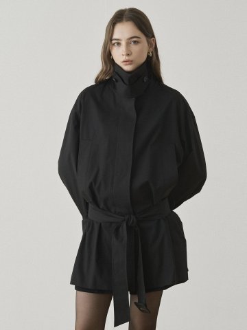 OVERSIZE BELTED HALF COAT - BLACK