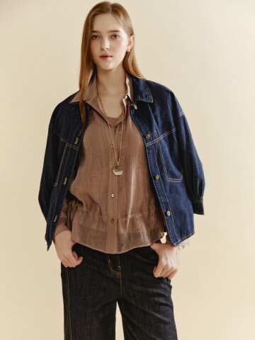 스티치 디테일 벌룬 데님 재킷 