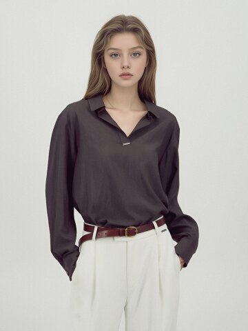 Glossy Shirt Blouse _D.Brown