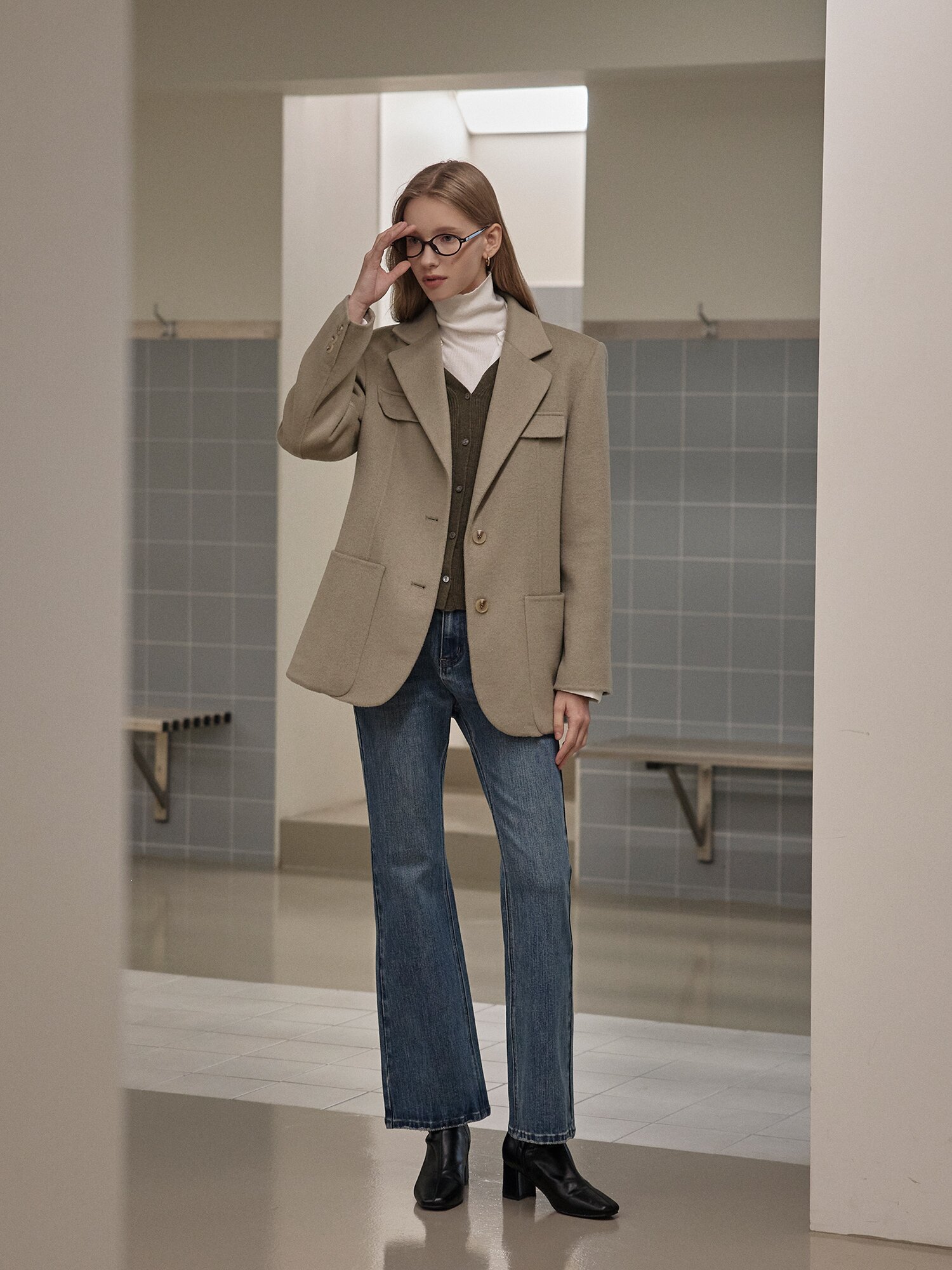 울 캐시미어 블렌드 멀티 포켓 싱글 재킷 (LIGHT KHAKI)