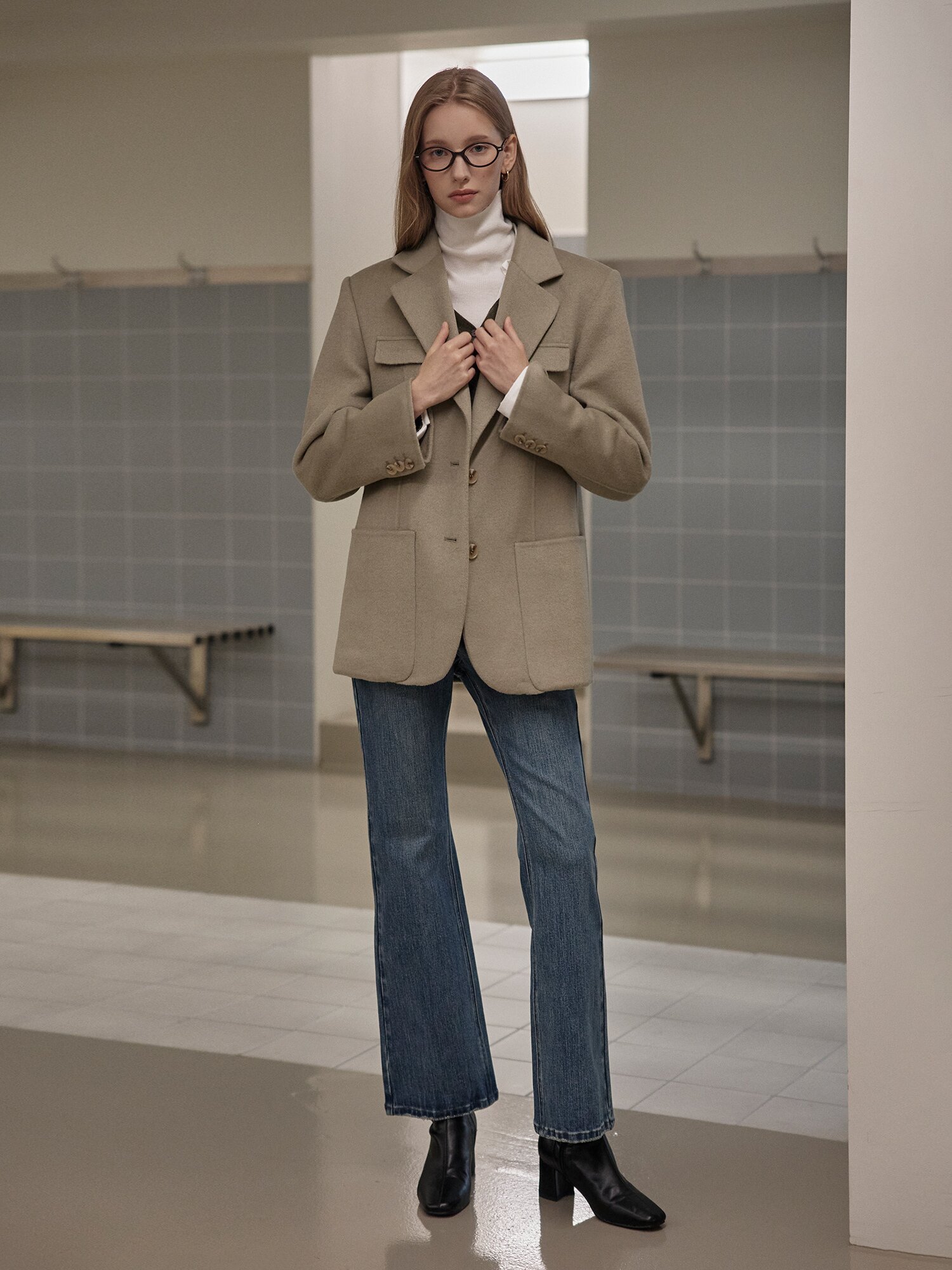 울 캐시미어 블렌드 멀티 포켓 싱글 재킷 (LIGHT KHAKI)