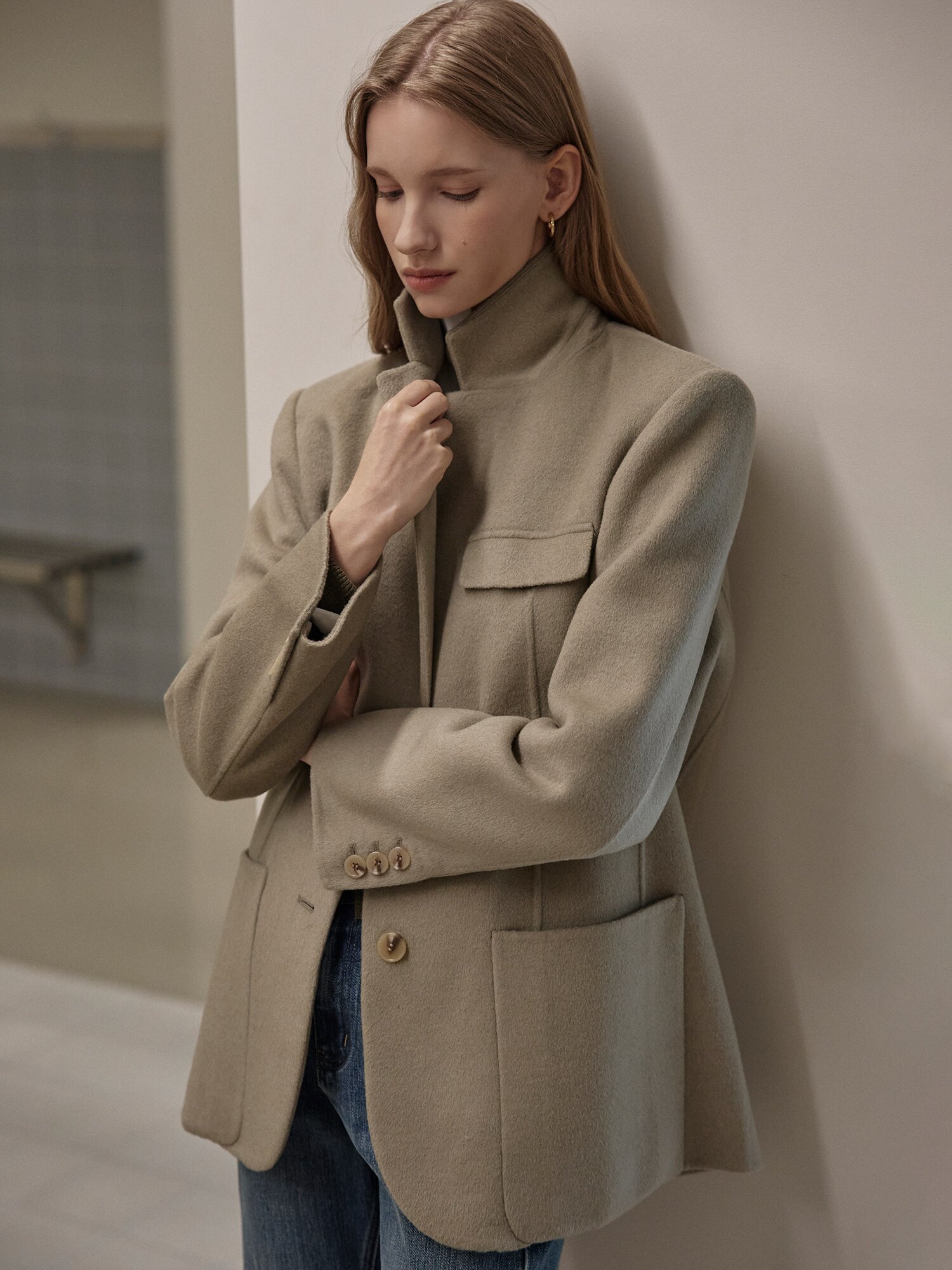 울 캐시미어 블렌드 멀티 포켓 싱글 재킷 (LIGHT KHAKI)