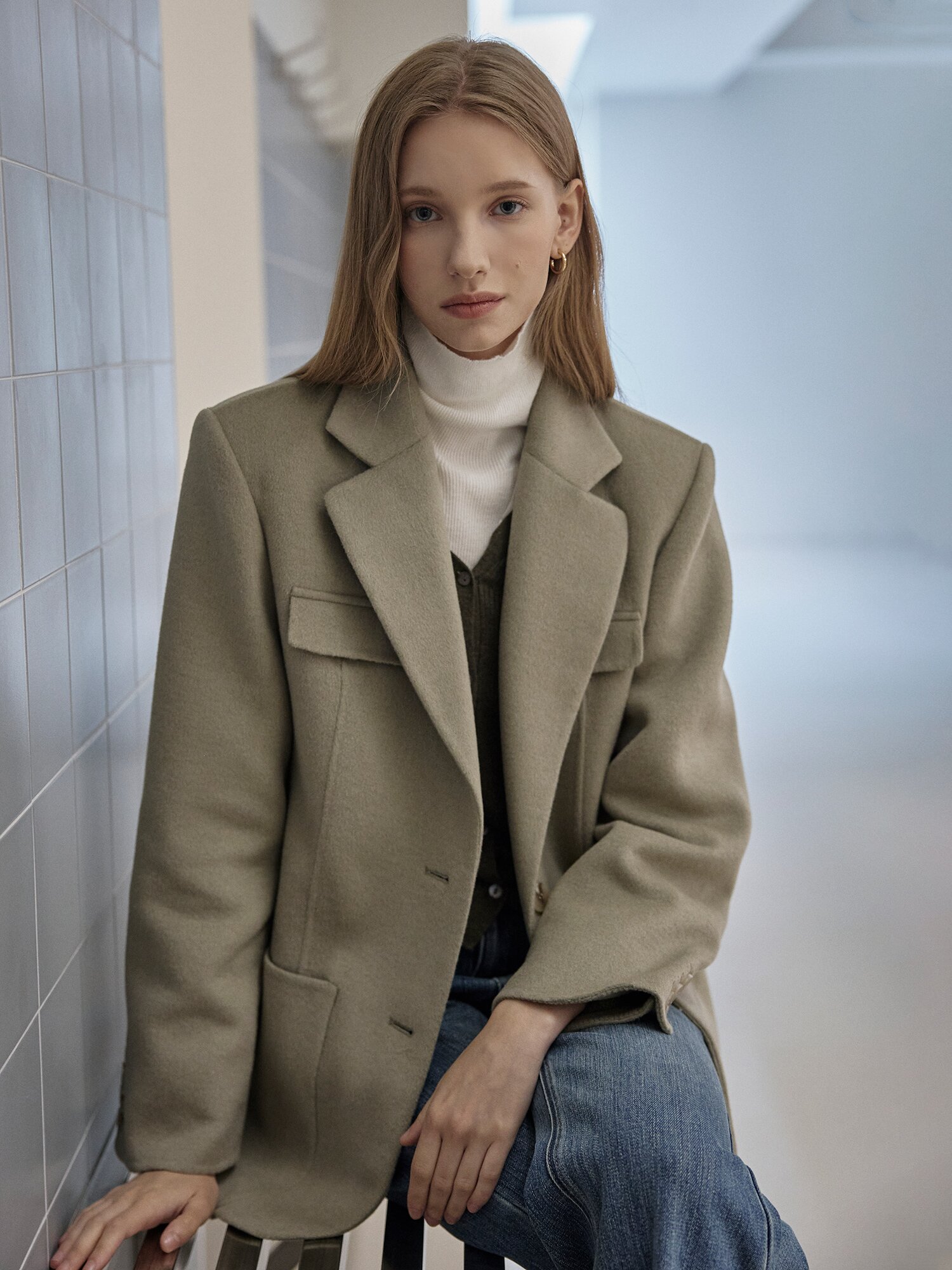 울 캐시미어 블렌드 멀티 포켓 싱글 재킷 (LIGHT KHAKI)