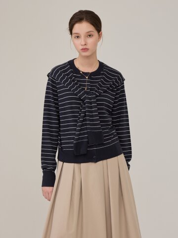 [Coett] 울 스트라이프 스카프 가디건_네이비