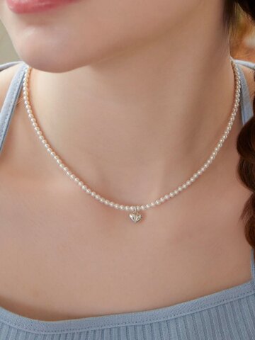 Cherish N 스와로브스키 진주 은 하트 목걸이 (925실버)