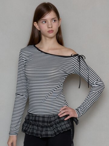 RIBBON ONE SHOULDER T-SHIRT_STRIPE