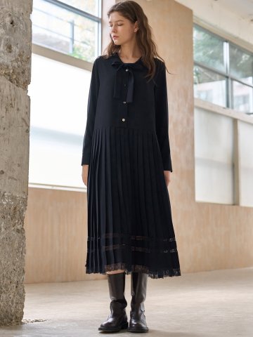 SAILOR RIBBON LACE PLEATS DRESS_NAVY