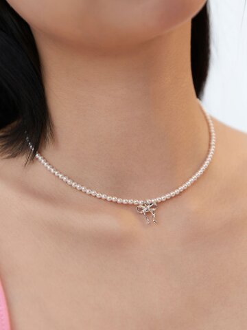 (925실버) Bow de 스와로브스키 진주 리본 목걸이