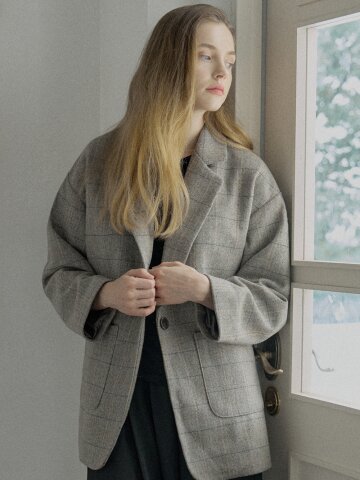 Check Herringbone Oversize Jacket - LIGHT GREY