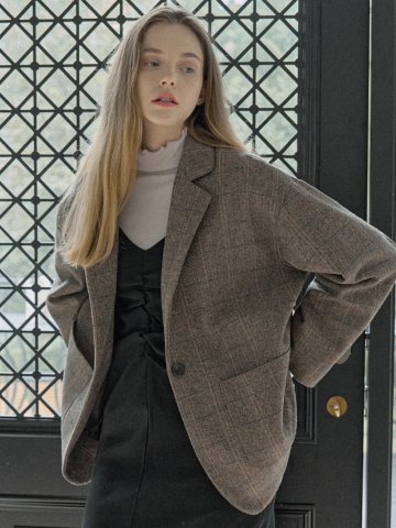 [3/10발송] Check Herringbone Oversize Jacket - BROWN