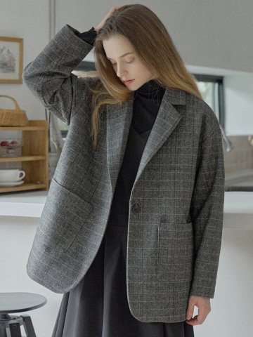 Check Herringbone Oversize Jacket - BLACK