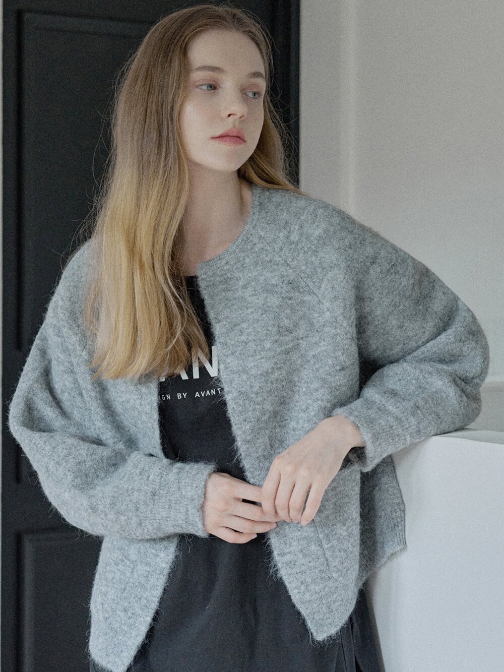 Round Neck Knit Cardigan - GREY