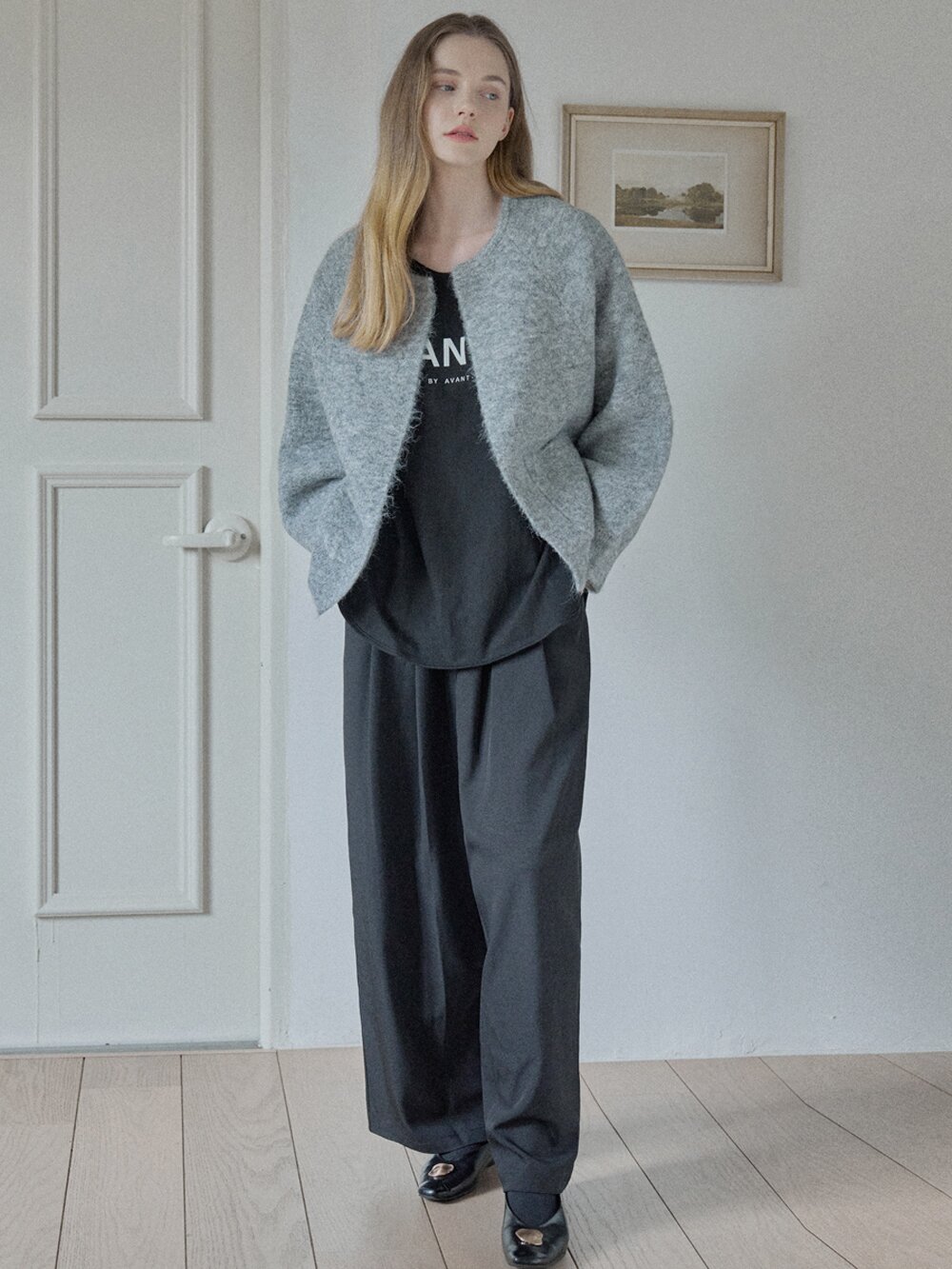Round Neck Knit Cardigan - GREY