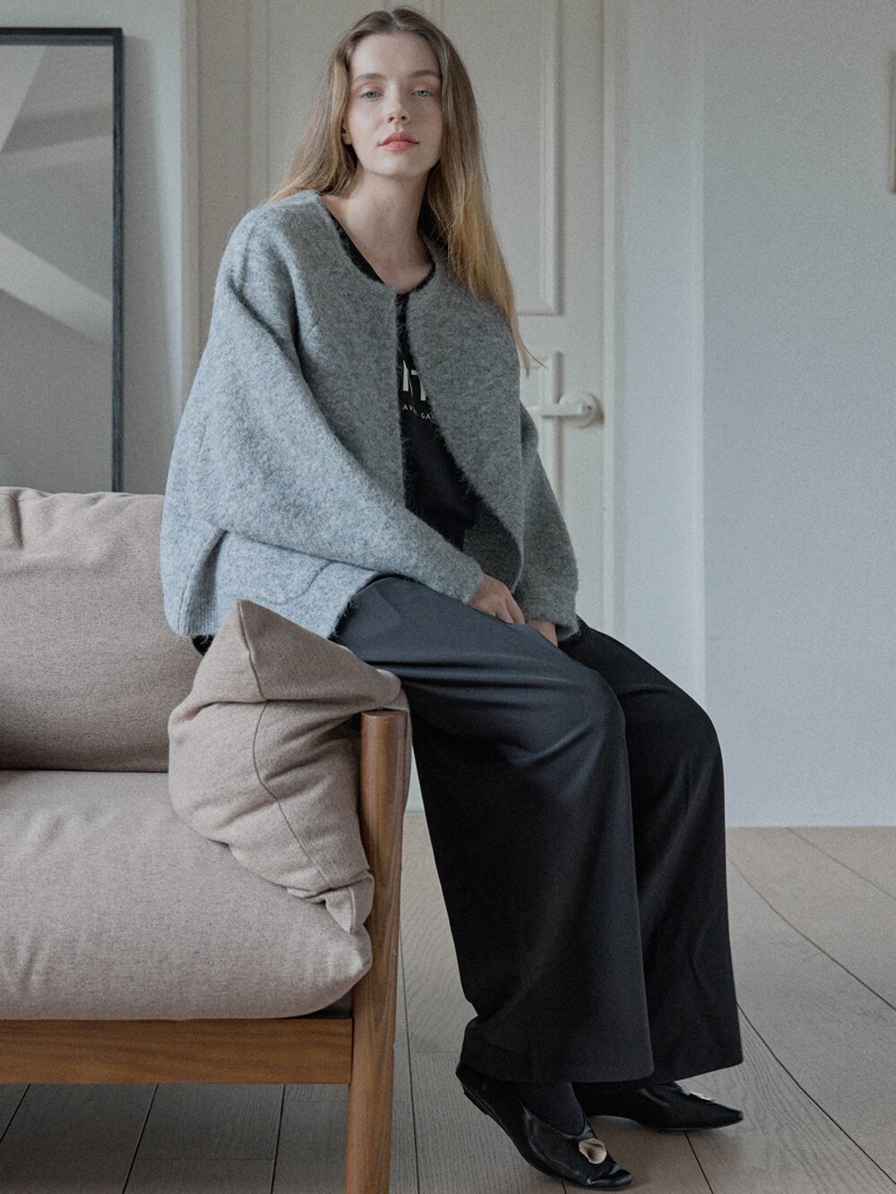 Round Neck Knit Cardigan - GREY