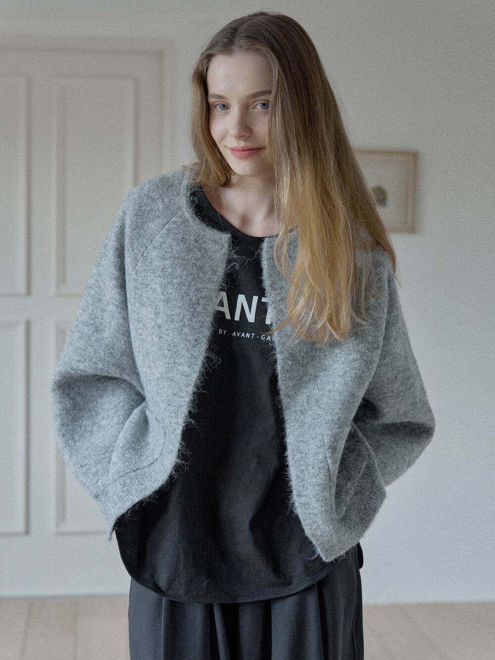 Round Neck Knit Cardigan - GREY