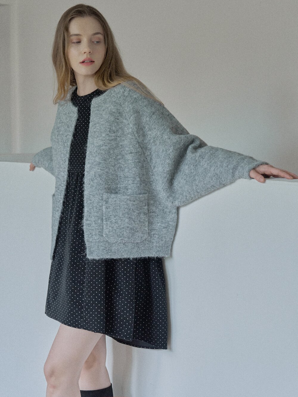 Round Neck Knit Cardigan - GREY