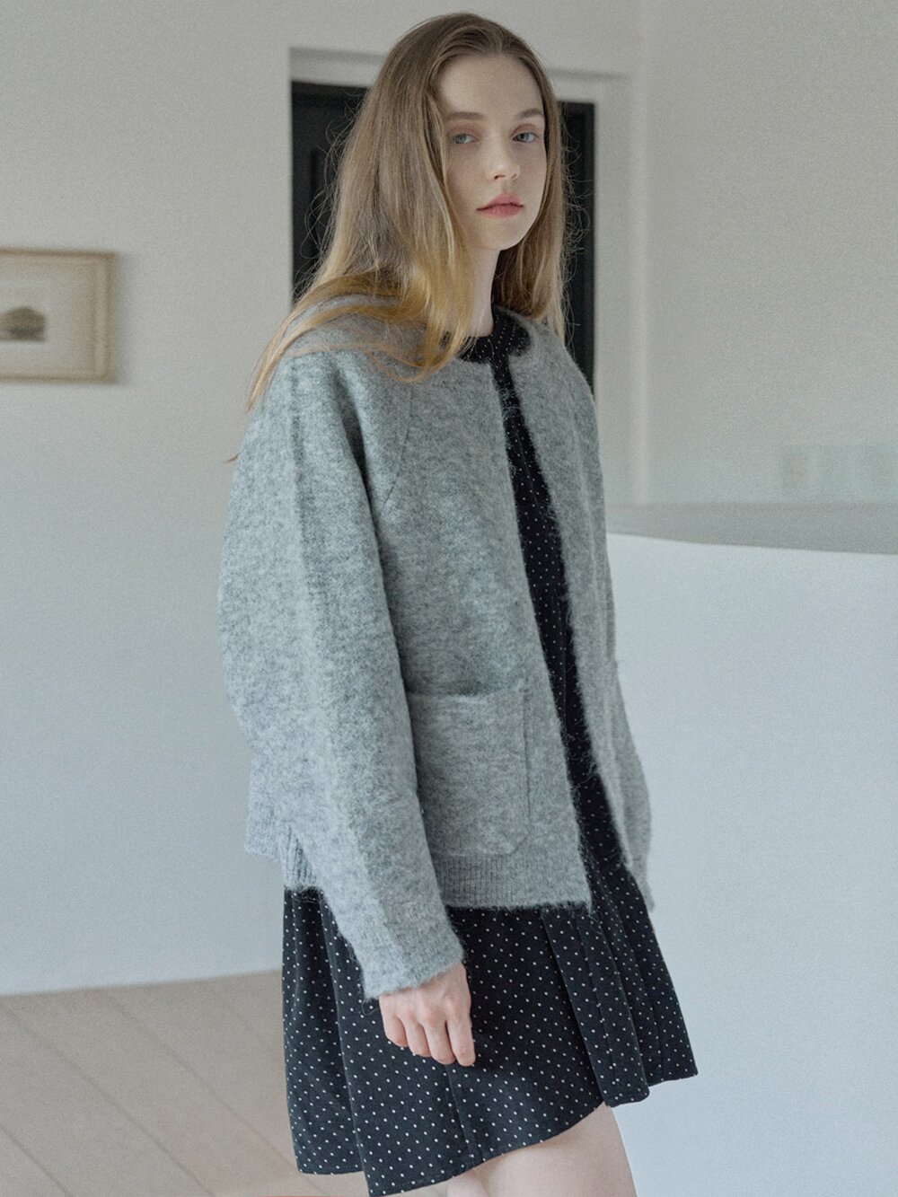 Round Neck Knit Cardigan - GREY
