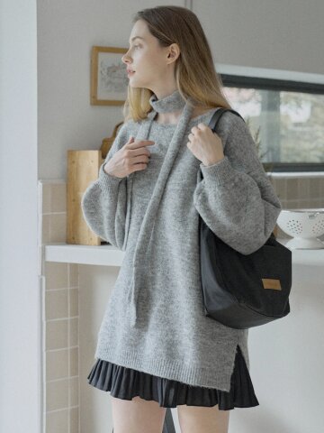 Muffler Set Long Knit Pullover - GREY