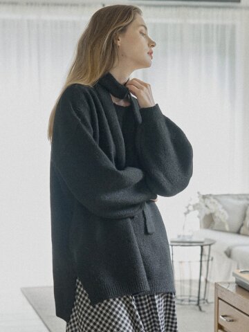 Muffler Set Long Knit Pullover - BLACK