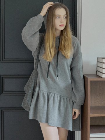 Hooded Frill Mini Dress - CHARCOAL
