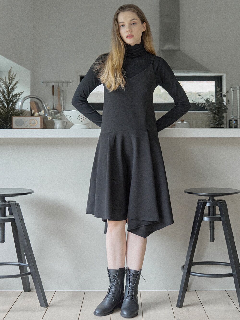 Unbalanced Flare Sleeveless Dress - BLACK