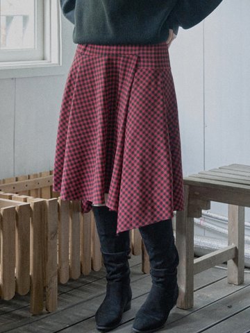 Unbalanced Check Skirt - RED