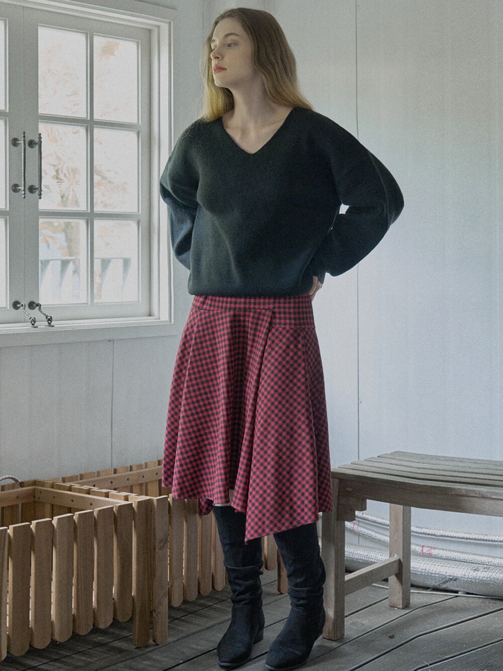 Unbalanced Check Skirt - RED