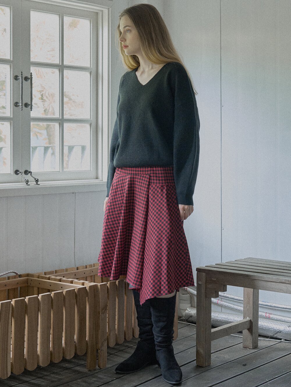 Unbalanced Check Skirt - RED
