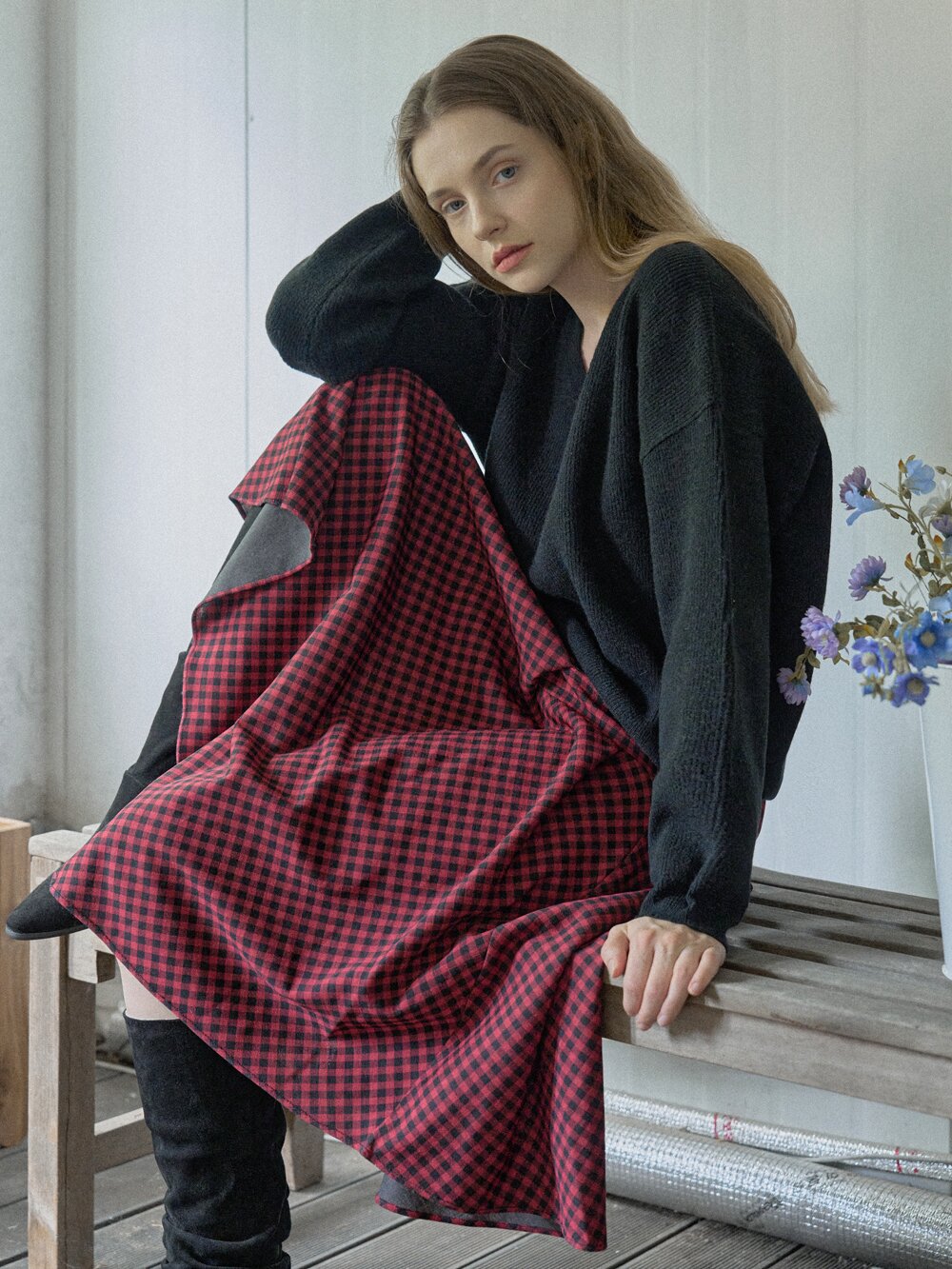 Unbalanced Check Skirt - RED