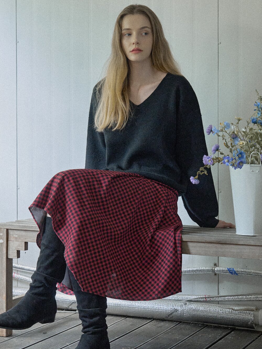Unbalanced Check Skirt - RED
