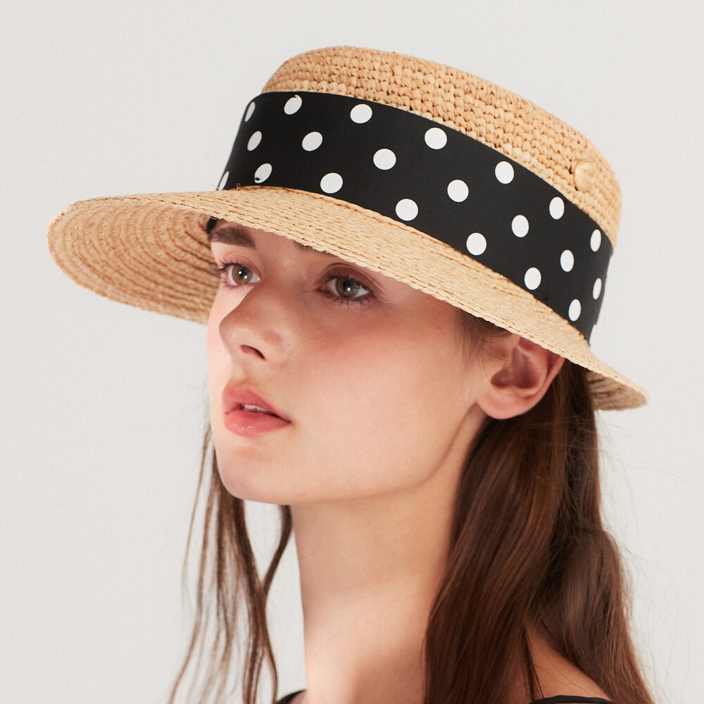 멜라밀라 도트 리본 언발란스 라피아햇 (2colors)