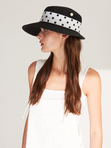 멜라밀라 도트 리본 언발란스 라피아햇 (2colors)