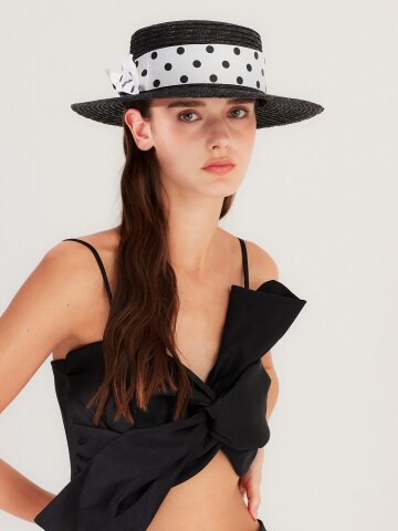 멜라밀라 도트 리본 왕골 보터햇