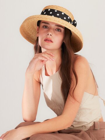 멜라밀라 도트 리본 왕골 커브 브림 햇 (2colors)