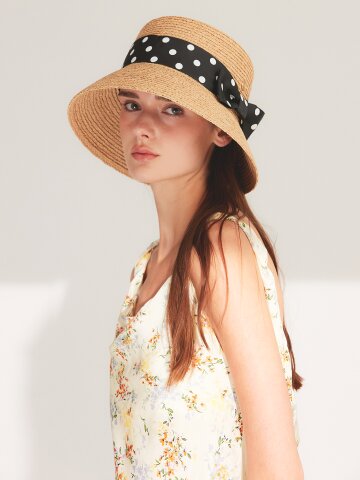 멜라밀라 도트 리본 미들챙 라피아햇 (2colors)