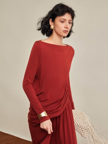 YY_Autumn red boat neck top
