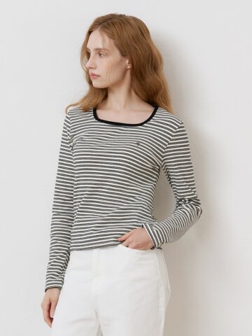 스퀘어넥 스트라이프 티셔츠 BLACK