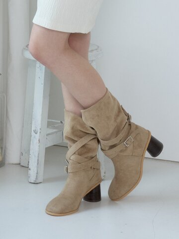 SYNTHETIC SUEDE BUCKLE HALF BOOTS_BEIGE