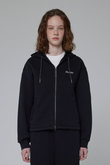 [WOMEN] 스트라이프 인터로크 후드 자켓 - 블랙 HDW0001AOZBLK