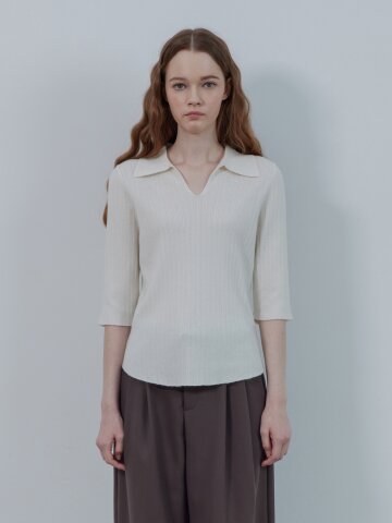 SPREAD COLLAR RIBBED KNIT_OATMEAL