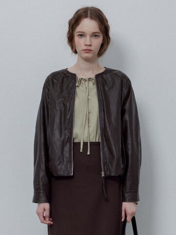 COLLARLESS LEATHER ZIP-UP JACKET_BROWN