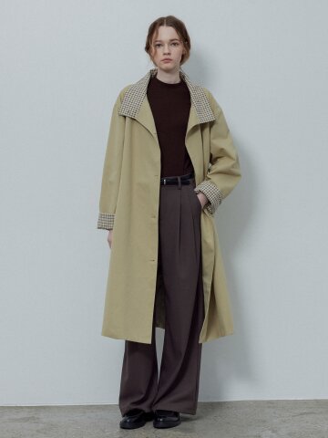CHECKERED LINING LONG TRENCH COAT_BEIGE
