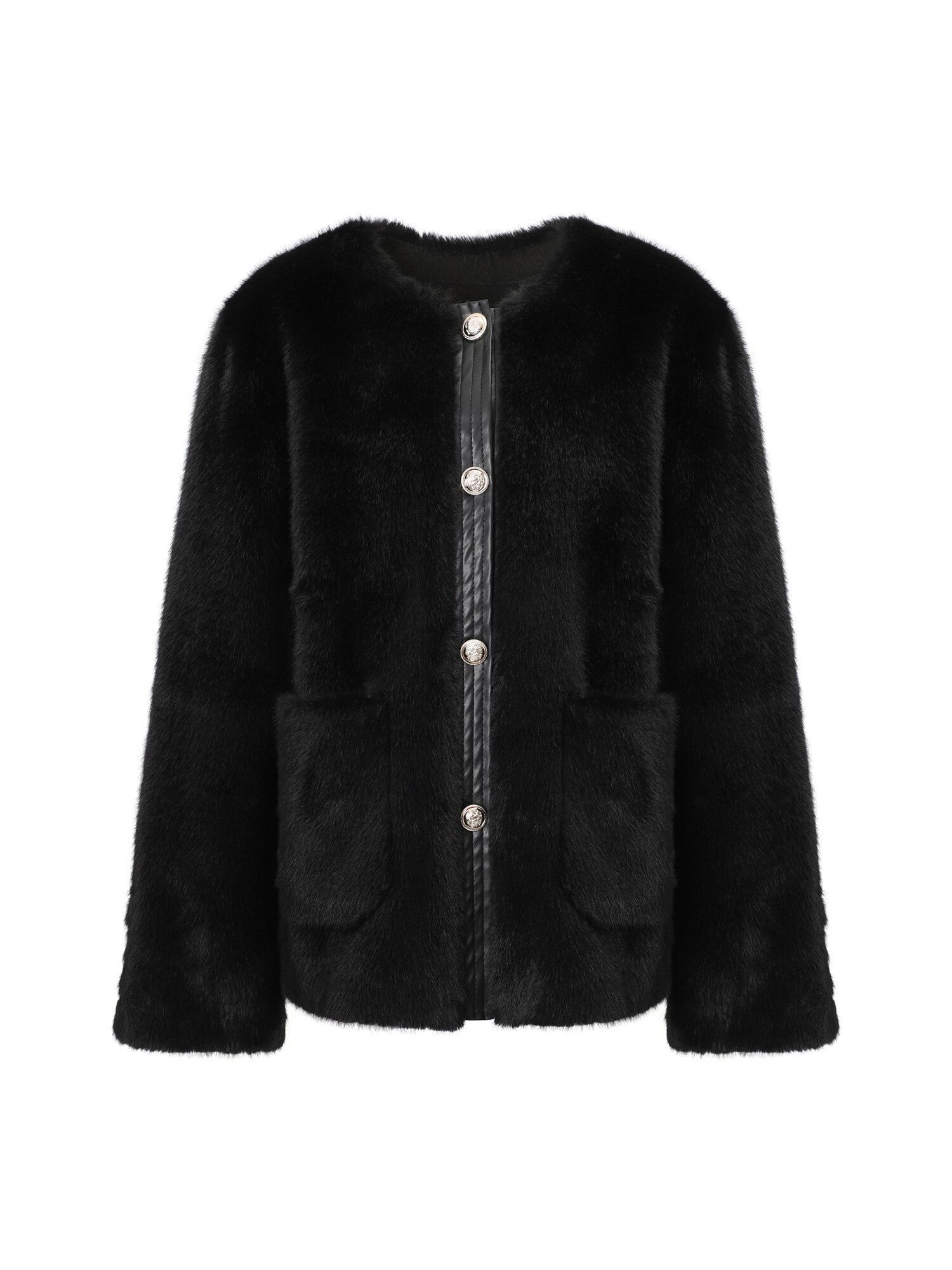 라운드넥 골드 버튼 페이크 퍼 무스탕 재킷 (BLACK)