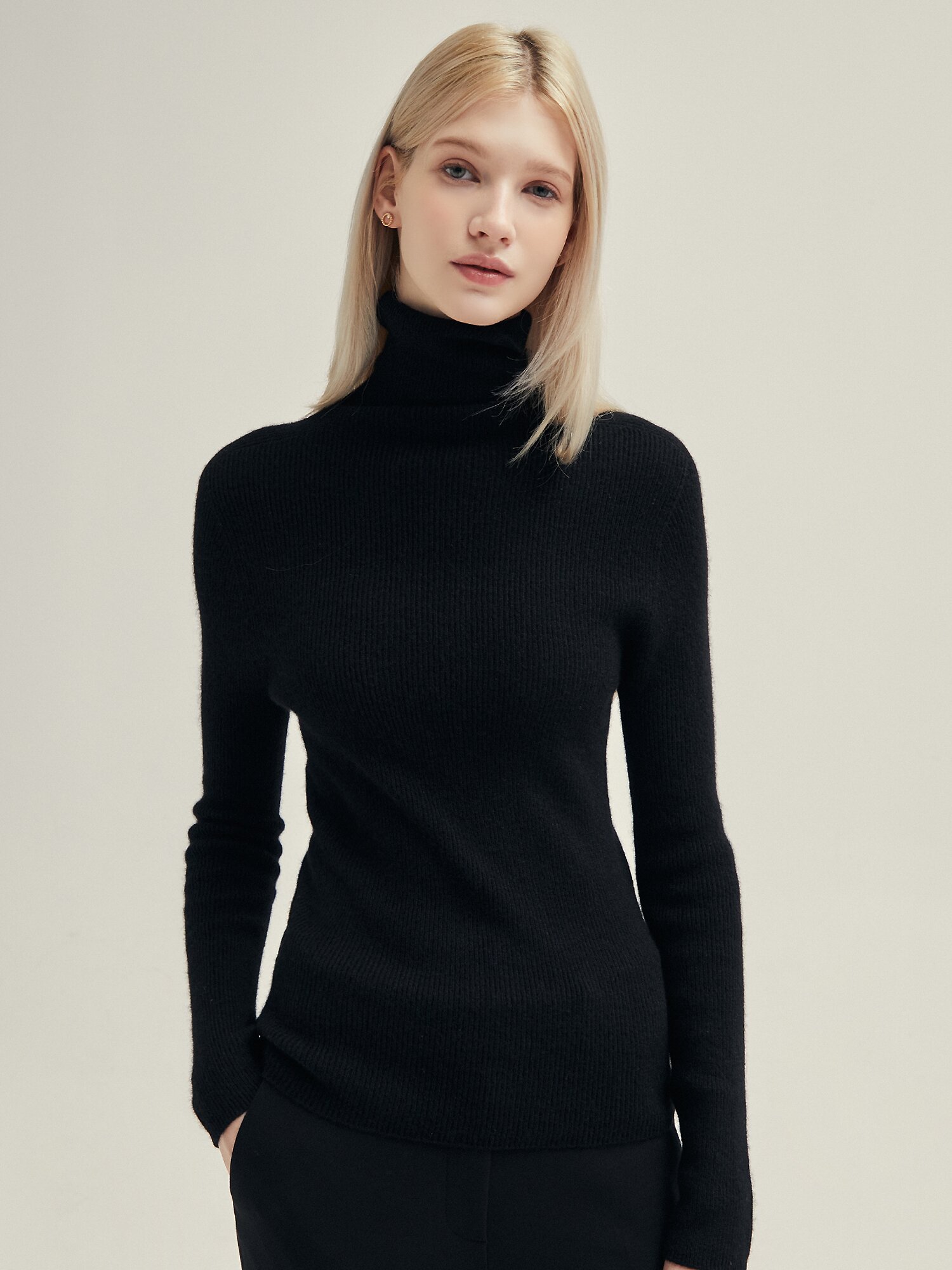 캐시미어 골지 폴라넥 풀오버 니트 (BLACK)