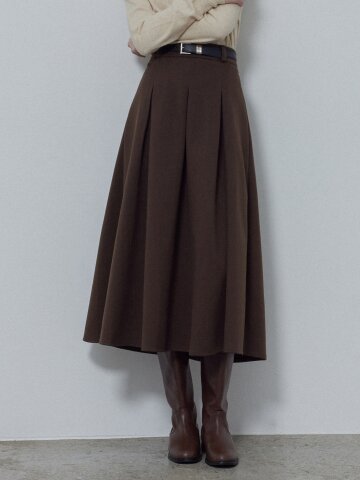 PLEATED BACK BANDED LONG SKIRT_BROWN