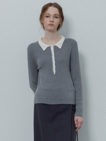COLORING COLLAR BURTON UP V-NECK KNITWEAR_GREY
