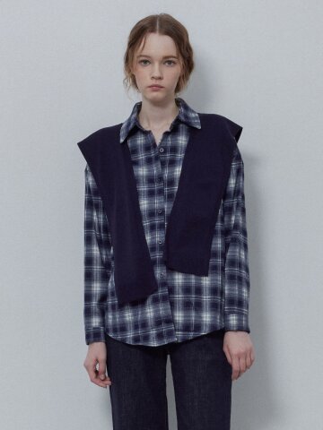 BRUSHED CHECKERED KNIT SHAWL SET_NAVY