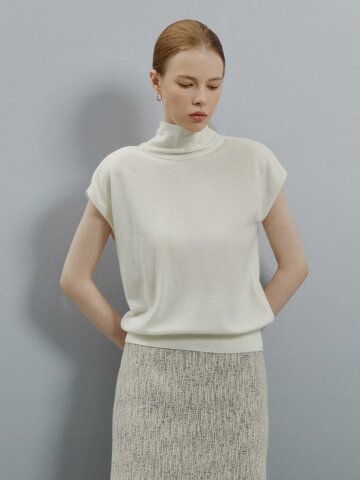 타이넥 울 슬리브리스 니트 탑 