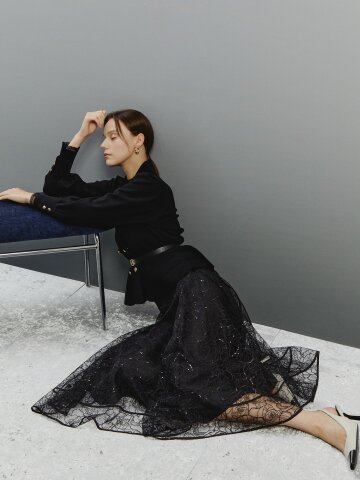 블랙 베일 플라워 텍스처 스커트 